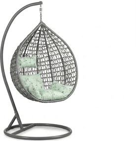 Szare wiszące krzesło KOKON ze stojakiem, jasnozielona poduszka ze wzorem