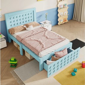 Łóżko pojedyncze 90x200 cm z 1 szufladą i stelażem, niebieski, kreatywny wzór - bez materaca