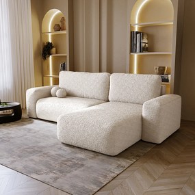 BESILIO Narożnik prawostronny rozkładany Ornello L- okrągłe poduszki, z funkcją spania, szezlong w boucle - Beżowy