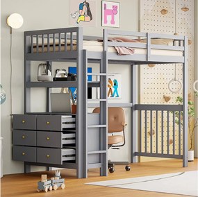 Łóżko piętrowe dla dzieci - 90 x 200 cm - 6 szuflad i biurko - sosna + metal + sklejka + MDF - Szare