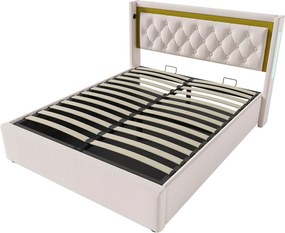 Łóżko ze schowkiem 160 x 200 cm - bawełna - USB Typ C i LED - kolor beżowy + materac