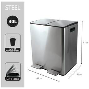Stalowy kosz na śmieci 2x20 l do segregacji odpadów/z pedałem w kolorze matowego srebra Aliya – Spirella