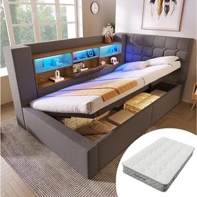 Sofa tapicerowana z funkcją spania - 90 x 200 cm - z oświetleniem LED + schowek hydrauliczny + zagłówek w kształcie - len - szary (z materacem)