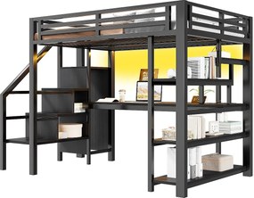 Łóżko na antresoli metalowe 140x200cm - z otwartą szafą i biurkiem - LED i port USB - z drabiną z pojemnikami i półkami - Czarny