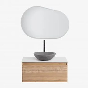Zestaw Mebli Łazienkowych Z Drewna Jesionowego Tedrik Popielaty Brąz & Okrągły Szary Cement Ø40 Cm Tarsis & Owalna - Sklum