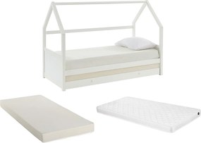 Łóżko wysuwane domek 2 szuflady 2 x 90 x 190 cm – Drewno sosnowe – Białe + Materac – HURRA