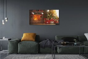 Obraz drukowany na płótnie Świąteczny Kominek z Choinką i Prezentami