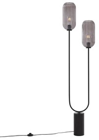 Lampa podłogowa art deco czarna z przydymionym szkłem 2-światła - Rid ArtDeco Oswietlenie wewnetrzne