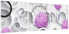 Obraz abstrakcji 3D z kołami i kwiatami (z zegarem) (90x30 cm)