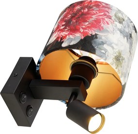Lampa ścienna czarna z lampką do czytania i kloszem 18 cm kwiatowym - Brescia