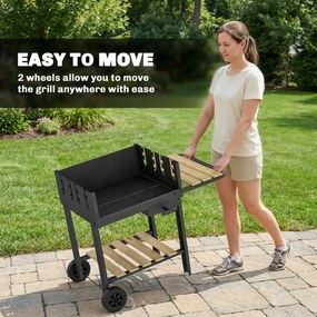 Outsunny Grill na węgiel drzewny z 4-stopniową regulacją wysokości rusztu, 2 drewniane półki, 2 kółka, tacka na popiół, 99,5 x 58 x 82 cm | Aosom PL