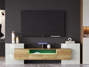 Meble TV 2m z drewna z 2 szufladami i 2 otwartymi półkami - Naturalny i Biały