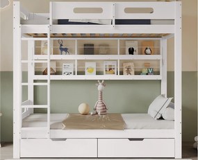 Łóżko piętrowe 90x200 cm - z 2 szufladami - z otwartymi półkami - Drewno lite + MDF - Białe (bez materaca)