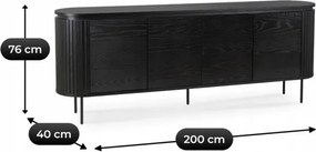 Komoda do Salonu BECK 200 cm Czarna Czterodrzwiowa Ryflowana Nowoczesna