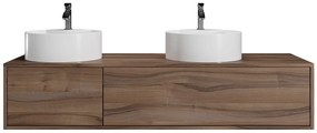 Wisząca szafka z podwójną umywalką do łazienki, w kolorze ciemny naturalny  - L150 cm - ISAURE II