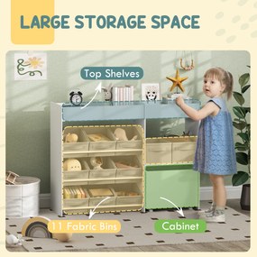AIYAPLAY Regał do przechowywania dla dzieci, Szafka na zabawki dla dzieci z 11 pudełkami z tkaniny, górnymi półkami, 3 naklejkami, Biały