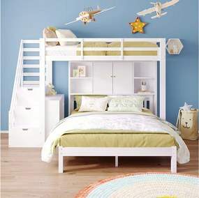 Łóżko piętrowe dla dzieci z półką do przechowywania - 90 x 200 cm + 140 x 200 cm - schody i wyjmowany stolik nocny - lite drewno + MDF - białe