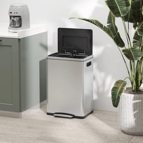 HOMCOM Kosz na śmieci z pokrywą i pedałem, Stal nierdzewna, Komory 2x20 L, Srebrny