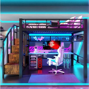 Metalowe łóżko piętrowe dla dzieci - 140 x 200 cm - z oświetleniem LED + drabinka - czarne