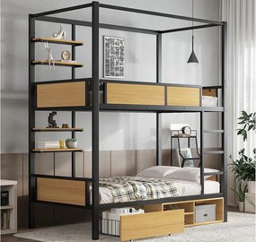 Łóżko piętrowe 90×200 cm - z półką - z 1 szufladą i schowkiem - Metal + MDF - Czarny + Naturalny