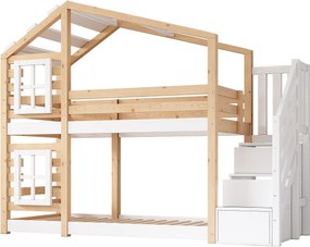 Łóżko piętrowe 90x200cm z litego drewna - z barierkami przeciwupadkowymi i schodami do przechowywania - Naturalne i Białe