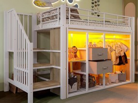 Łóżko na antresoli 90x200 cm - z 2 szufladami - otwarta szafa - z oświetleniem LED - przegrody przechowawcze - biały (materac nie jest dołączony)