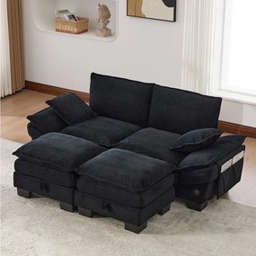 Dwuosobowy zestaw wypoczynkowy z tkaniny sztruksowej - 190 x 132 x 84 cm - z 2 pufami ze schowkiem + port USB + kieszenie - czarny