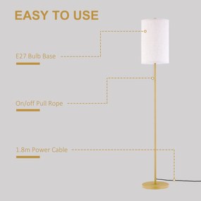 HOMCOM Lampa Stojąca, Elegancka Lampa Podłogowa ze Stali z Abażurem z Tkaniny, Lampa do Salonu, Przełącznik na Łańcuszku, Złoto+Biały