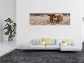 Obraz - Szkocka krowa w kwiatach (170x50 cm)