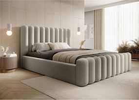 Nowoczesne łóżko tapicerowane Mona VII, wysokiej jakości tkanina, skrzynia, elegancki półokrągły design 160x200 cm, beżowy