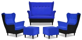 Zestaw wypoczynkowy ARI DUO sofa fotele pufy Family Meble czarno - niebiesk