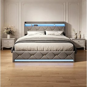 Łóżko z pojemnikiem design 160x200 cm z szarego lnu z oświetleniem LED RGB, portami USB i ładowaniem bezprzewodowym, zagłówek ozdobiony złotymi guzikami