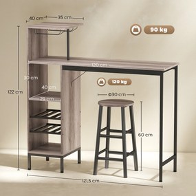 HOMCOM 3-częściowy zestaw barowy z półkami i hokerami, regał na wino, szary