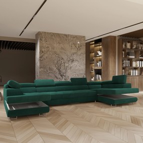 Masseno Narożnik ISOLANO z funkcją spania i pojemnikiem na pościel Narozniki U, Rozkładana sofa - Zielony, MONOLITH 37