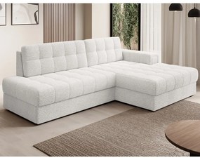 Kremowy rozkładany narożnik z materiału bouclé (prawostronny/z szezlongiem) Blezalt – ELTAP