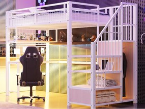 Łóżko na antresoli z metalu 90x200 cm - z oświetleniem LED i gniazdkiem do ładowania - zawiera drabinę z pojemnikami - z półkami i biurkiem - biały