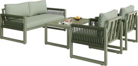 Zestaw mebli ogrodowych z ocynkowanej stali - 1 kanapa, 2 fotele i 1 stolik kawowy ze szkła - ozdobiony sznurkiem - 4 miejsca - Zielony Awokado