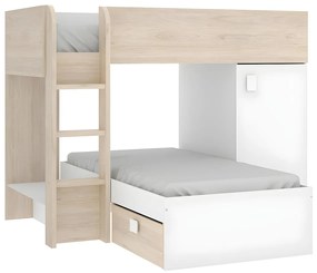 Łóżko piętrowe narożne z szafą i szufladami - 2 x 90 x 190 cm - Wbudowane schowki - Dębowy i biały - RICARDO