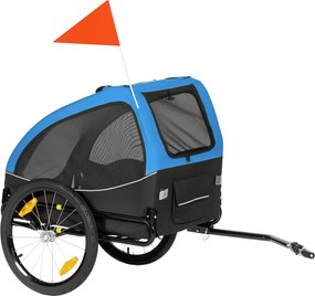PawHut Przyczepka rowerowa dla psa, składana, z odblaskami, siatkowymi oknami, kołami, drzwiami, flagą bezpieczeństwa, dla psów do 20 kg, 138x70x89 cm, niebieska | Aosom PL