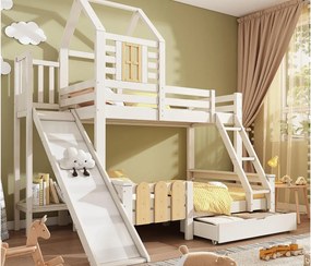 Podwójne łóżko piętrowe 90×200 cm + 140×200 cm - ze zjeżdżalnią - z 1 szufladą - z dachem i oknami - Drewno lite + MDF - Białe (bez materaca)