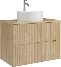 Szafka łazienkowa wisząca prążkowana z okrągłą umywalką nablatową i baterią – Jasny naturalny – 80 cm – ORISO