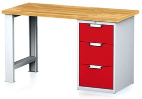 Stół warsztatowy MECHANIC, 1500x685x880 mm, 1x szufladowy kontener, 3 szuflady, szary/czerwony