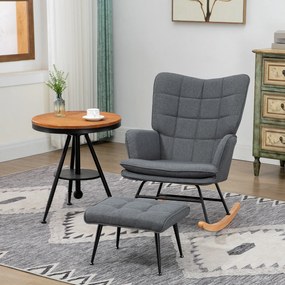 HOMCOM Krzesło Bujane z Podnóżkiem, Komfortowe, do 130 kg, Wygląd Lnu, 64x89x90 cm, Szary