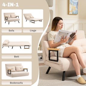 HOMCOM Sofa rozkładana 2-osobowa, sofa welurowa, funkcja spania, w zestawie 2 poduszki, wygląd weluru, Naturalny + Beżowy + Czarny | Aosom PL