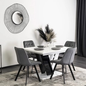Zestaw Stół Prostokątny Rozkładany CLARK 120-160 cm Czarny/Biały Połysk i 4 Krzesła Tapicerowane do Salonu RICK Szare Welurowe
