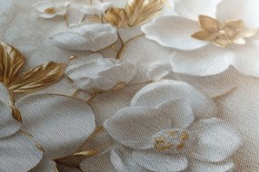 Obraz 3D kwiaty ze złotymi liśćmi