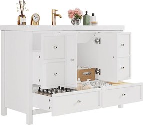 Meble łazienkowe na nogach 120x50x86,5 cm - Lakierowane wykończenie - 4 szuflady i 2 klamki do drzwi - Umywalka z żywicy - Biały