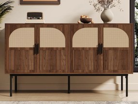 Nowoczesny buffet 140x40x80 cm - z 4 frontami - Wykończenie rattan - Fornir orzechowy - Brązowy