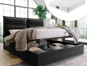 Łóżko ze schowkiem 140 x 200 cm - aksamit - stelaż listwowy - czarne + materac