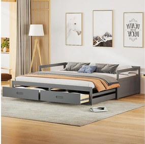 Łóżko wysuwane 90 x 200 cm z 2 szufladami - Drewno sosnowe - stelaż z listew - szare